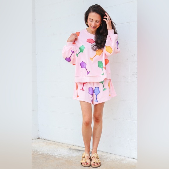 QUEEN OF SPARKLES Sequin WINE GLASS Light Pink Sweatshirt NWT - Picture 5 of 6